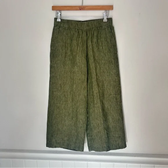 Eileen Fisher Green Wide-Leg Capri Pants Organic Cotton XXS-XS w/ Pockets - Picture 1 of 14